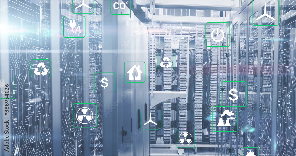 Poster image of eco icons and digital data processing over computer servers