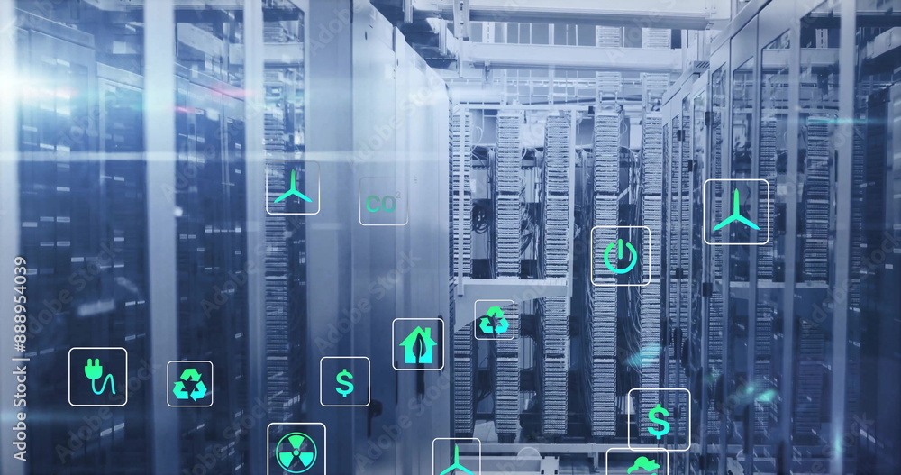 Poster image of eco icons and digital data processing over computer servers