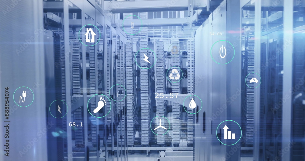 Poster image of eco icons and digital data processing over computer servers
