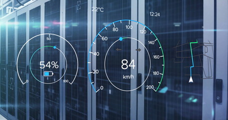 Image of battery charge digital data processing over computer servers