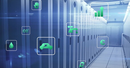 Image of eco icons and digital data processing over computer servers