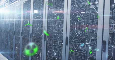 Image of eco icons and digital data processing over computer servers