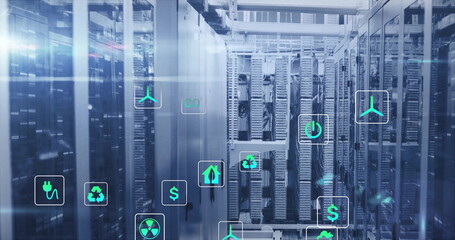 Image of eco icons and digital data processing over computer servers