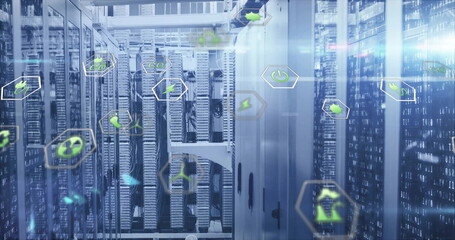 Image of eco icons and digital data processing over computer servers