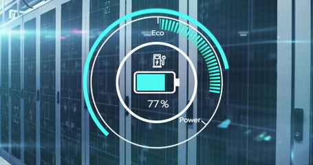 Image of battery charge digital data processing over computer servers