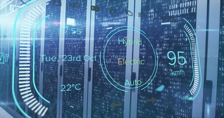 Image of electric car digital data processing over computer servers