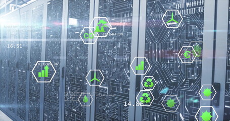 Image of eco icons and digital data processing over computer servers