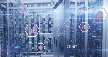 Image of eco icons and digital data processing over computer servers