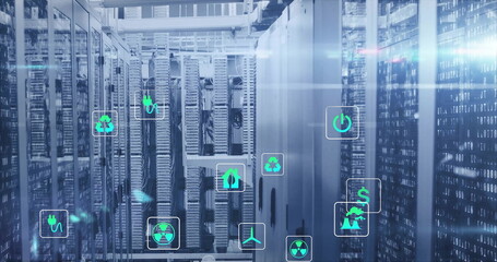 Image of eco icons and digital data processing over computer servers