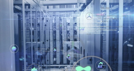 Image of eco icons and digital data processing over computer servers