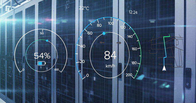 Image of battery charge digital data processing over computer servers