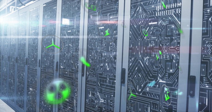 Image of eco icons and digital data processing over computer servers