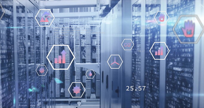 Image of eco icons and digital data processing over computer servers