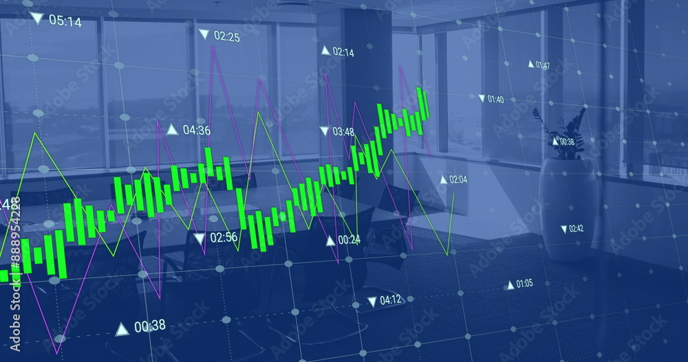 Poster image of financial data processing over empty office