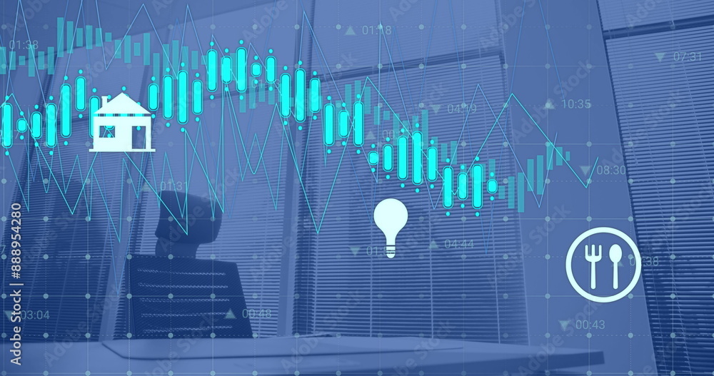 Poster image of financial data processing over empty office