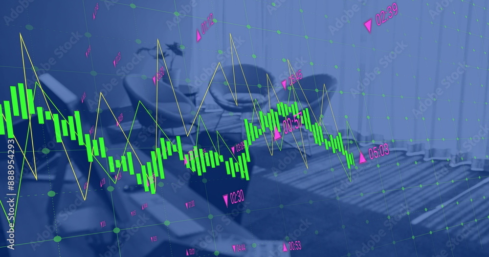 Aufkleber image of financial data processing over chairs in empty office