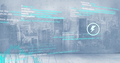 Image of energy icons and processing data over cloudy cityscape