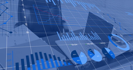 Image of financial data processing over empty office