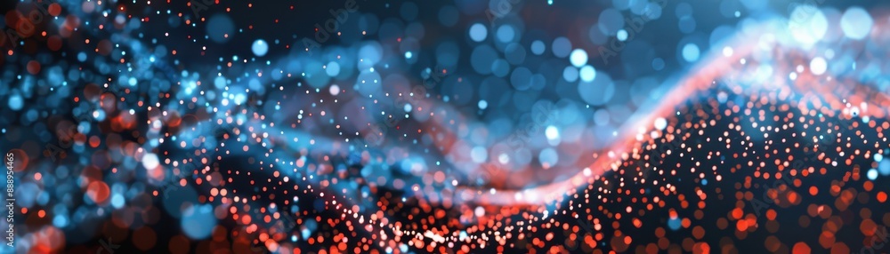 Poster a colorful, abstract image of a wave with a red and blue background. the image is full of dots and h