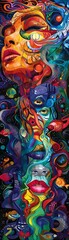 Illustrate the dynamic exchange of ideas and creativity between artists of varied backgrounds through a vibrant and engaging visual representation Emphasize the transformative 