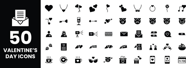 50 Valentine's Day Icons - Fill Love Icons, Romance, Emotions, Coffee Date, Texting, Love Letters and Heart Icon Set for Digital and Print Use