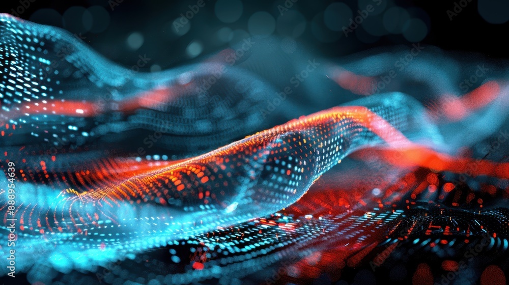 Poster a colorful, abstract image of a wave with a red and blue background. the image is full of dots and h