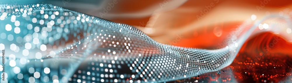 Poster a colorful, abstract image of a wave with a red and blue background. the image is full of dots and h