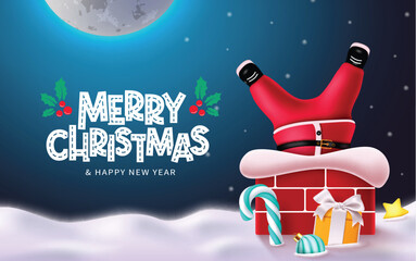 Merry christmas greeting vector design. Christmas funny santa claus kid character inside the chimney rooftop with candy cane, gift box and xmas ball elements in snow night background. Vector 