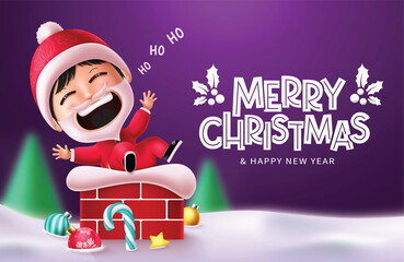 Chritmas santa kid vector design. Merry christmas greeting text with cute santa claus character sitting, waiving and singing in chimney snow winter purple background. Vector illustration holiday