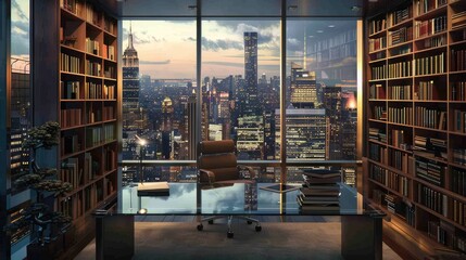 Obraz premium A sophisticated home office with a glass desk, ergonomic chair, large bookshelves, and a city skyline view.