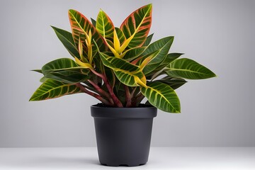 Fototapeta premium Codiaeum iceton croton plant in pot white background, AI Generated