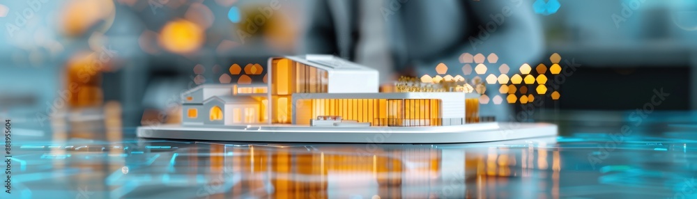 Poster A man is sitting at a table with a model of a building in front of him. The building is made of white and yellow materials and has a modern design