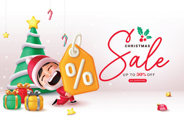Christmas sale vector banner design. Christmas sale text special offer discount with santa claus kid character, xmas tree, balls, gift box, candy cane and stars elements in promotion background. 