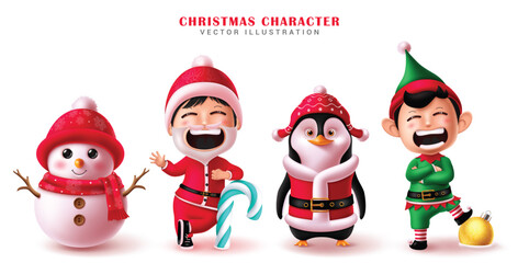 Christmas characters vector set design . Santa claus, snowman, penguin and elf christmas character in happy posing, friendly waiving and cute smiling in white isolated background. Vector illustration 