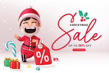 Christmas sale vector banner design. Christmas sale text with happy posing kid santa claus character, xmas balls, gift boxes, candy cane and star elements for fleyrs promotion bakground. Vector 
