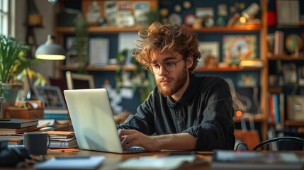 Fototapeta premium A young man with curly hair working on a laptop at home office, surrounded by books and plants, in a cozy, creative environment.