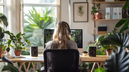 Woman working from home in a bright, plant-filled home office, using a desktop computer with headphones. Modern and cozy workspace.