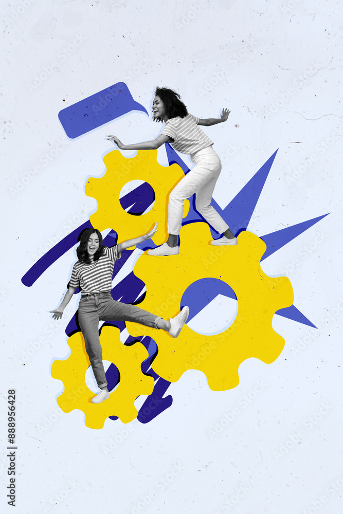 Poster collage sketch poster of two funny women chatting discussing empty space isolated on drawing backgro