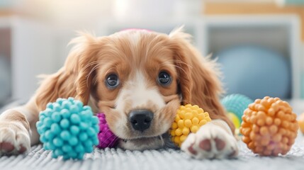 A lovable puppy playing with vibrant, uniquely designed toys, in a heartwarming and imaginative scene, exuding pure cuteness
