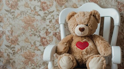 Fototapeta premium A plush teddy bear with a heart patch on its chest, sitting on a rocking chair in a vintage-styled room, creating a nostalgic feel