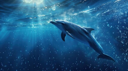 Naklejka premium dolphin or Delphinidae swimming underwater under sea life with bubbles and sunbeams in blue deep water, sealife wide banner poster with copyspace