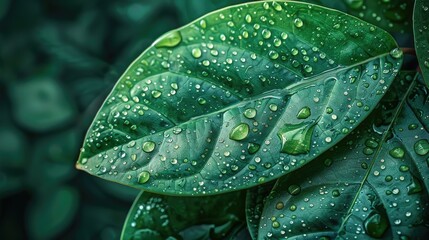 Fototapeta premium Close-up of fresh green leaves with water drops.