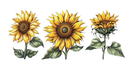 Naklejka premium A captivating set of sunflowers on a transparent background, showcasing the beauty of summer blooms. Ideal for home decor or floral designs.