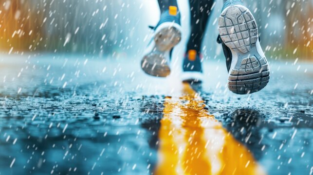 A person is running in the rain with their feet in the water. Concept of determination and perseverance, as the person continues to run despite the challenging weather conditions