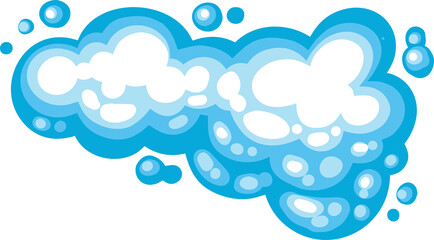 Cartoon foam soap suds with bubbles. Flat pile of shampoo with blue sparkles. Mousse texture clouds