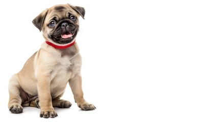 Obraz premium Adorable Pug Puppy with Red Collar Sitting on White Background