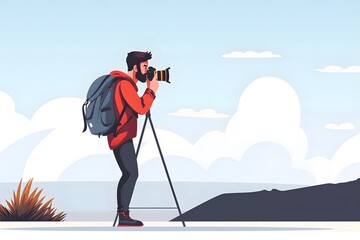 A photographer with a backpack capturing a scenic outdoor landscape on a clear day.
