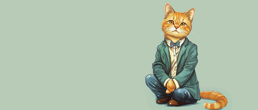 Cartoon cat in a chic blazer and jeans posing on a 3 3 cat, animal, pet, kitten, feline, cute, fur, domestic, eyes, portrait, face, mammal, pets, kitty, black, eye, tabby, young, whiskers, nature, ora