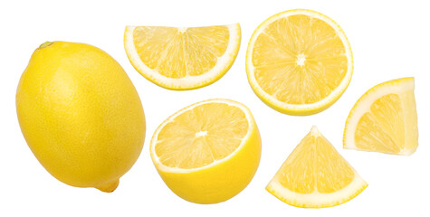 lemon fruit, slice and half isolated, Fresh and Juicy Lemon, transparent png, PNG format, cut out