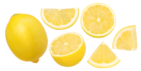 lemon fruit, slice and half isolated, Fresh and Juicy Lemon, transparent png, PNG format, cut out